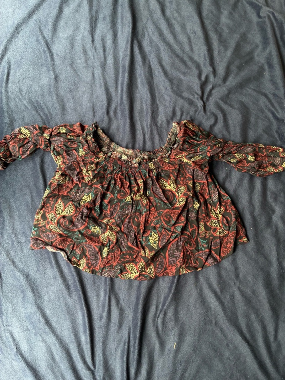 Shyanne Rust Paisley Off-Shoulder Blouse with Green Accents